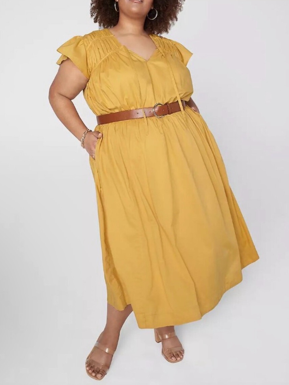 LANE BRYANT Yellow Short Sleeved V Neck Tie Front Midi Dress Size 22 Bohemian